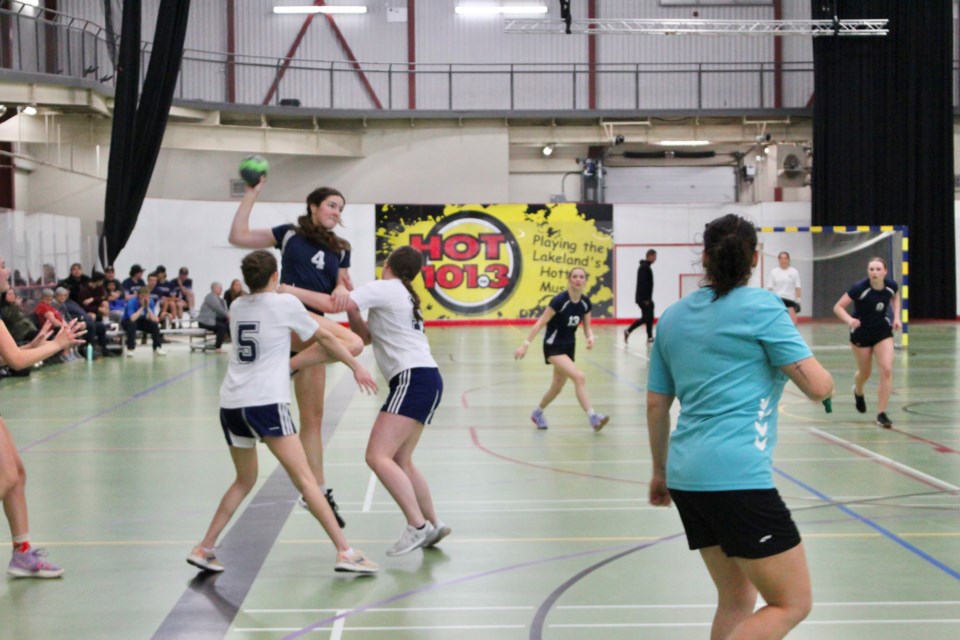 The Notre Dame girls handball team from Bonnyville competes against the Mallaig girls team during the NEASAA zone championship.