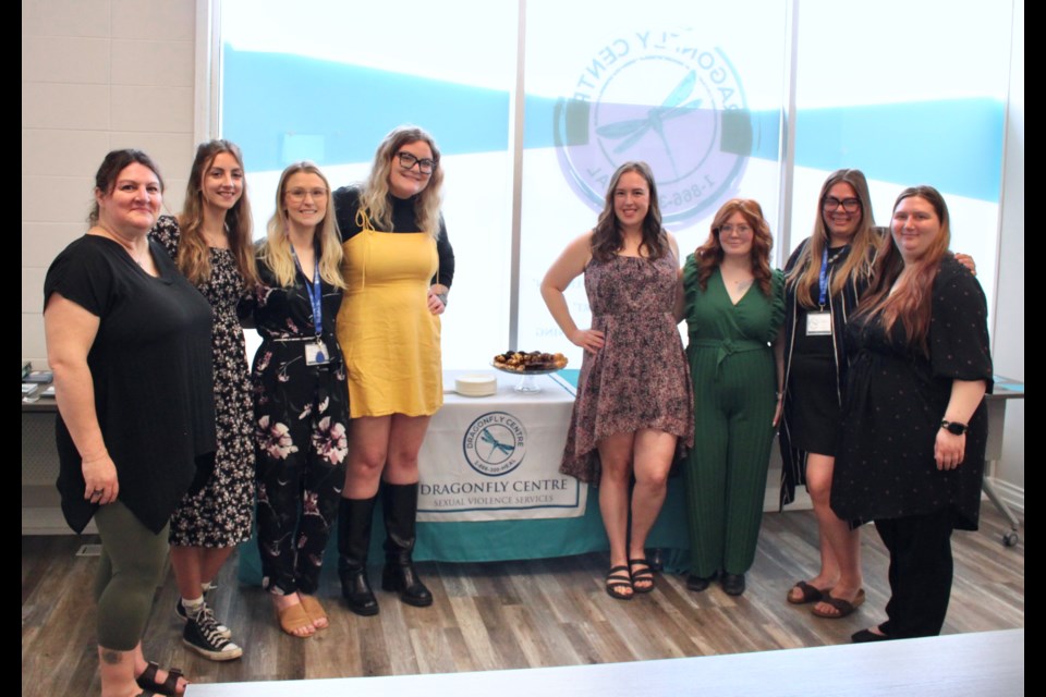 The staff at the Dragonfly Centre welcomed guests during their open house. From the left: Stéphanie Ubsdell (client service manager), Jamie Hume (public educator, Ashley Lock (youth education co-ordinator), Jessie Heisler (community engagement and prevention manager), Mikaela Russel (public educator), Jayna Miller (public educator), Breanne Croteau (care and service assistant), and Arielle Hiar (child and youth counsellor.) 