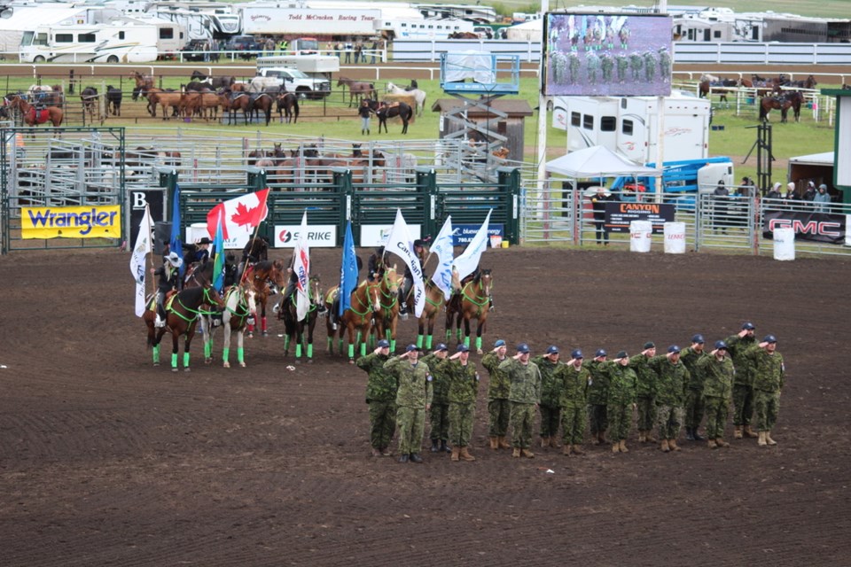 Troops from the RCAF joined the Lakeland Extreme drill team in the arena for Military appreciation day at the rodeo.