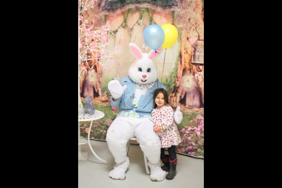 Jacelynn Hattebuhr visited with the Easter Bunny at the Cherry Grove Hall during the Pancake breakfast hosted by the Cherry Grove Ag Society. 