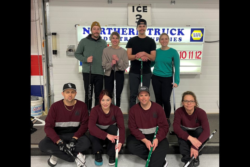 Winning and runner-up teams from the mixed Bonspiel A final hosted by the Bonnyville Curling Club. 
Winners:
Jeff Graham, Janelle Zalaski, Jared Zalaski, Heather Wood
Runners-up:
Justin Dwan, Christina Dwan, Dalton Lyall, Brandi Wilkins