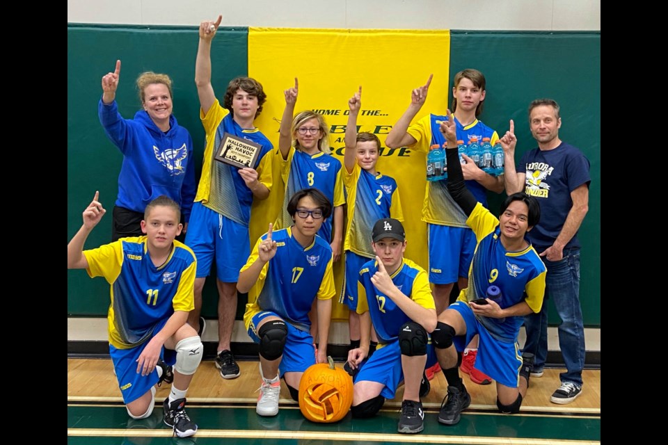 The Aurora Thunder boys Grade 7 and 8 team came hold with gold at the Glendon Gr. 7-9 volleyball tourney.