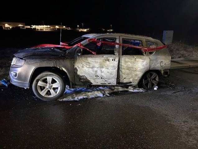 A victim's burnt vehicle is shown following what police describe as a hate motivate crime in Bonnyville.