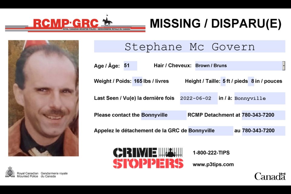 Stephane Jean Claude McGovern was last seen in Bonnyville on June 2. Police are asking for the public's help to locate him.