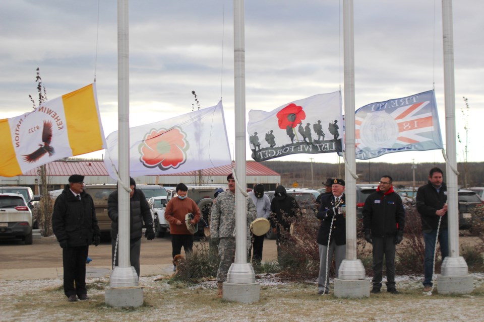 Indigenous veterans and members of the Bonnyville and St. Paul Legion attended a flag raising and remembrance ceremony at Kehewin school on Nov. 8. From left to right, those raising flags included retired Sgt. Louis Lapatack from the US Army, Roland Poitras of the St. Paul Legion, retired veteran Jorge Trottier of the US Army and member of the Saskatchewan First Nations Veterans Association, Bonnyville Legion Member Duane Hite, retired member of the Princess Patricia's Canadian Light Infantry second battalion Clint Lapatak, and retired member of the Canadian Armed Forces William Quinney.
 