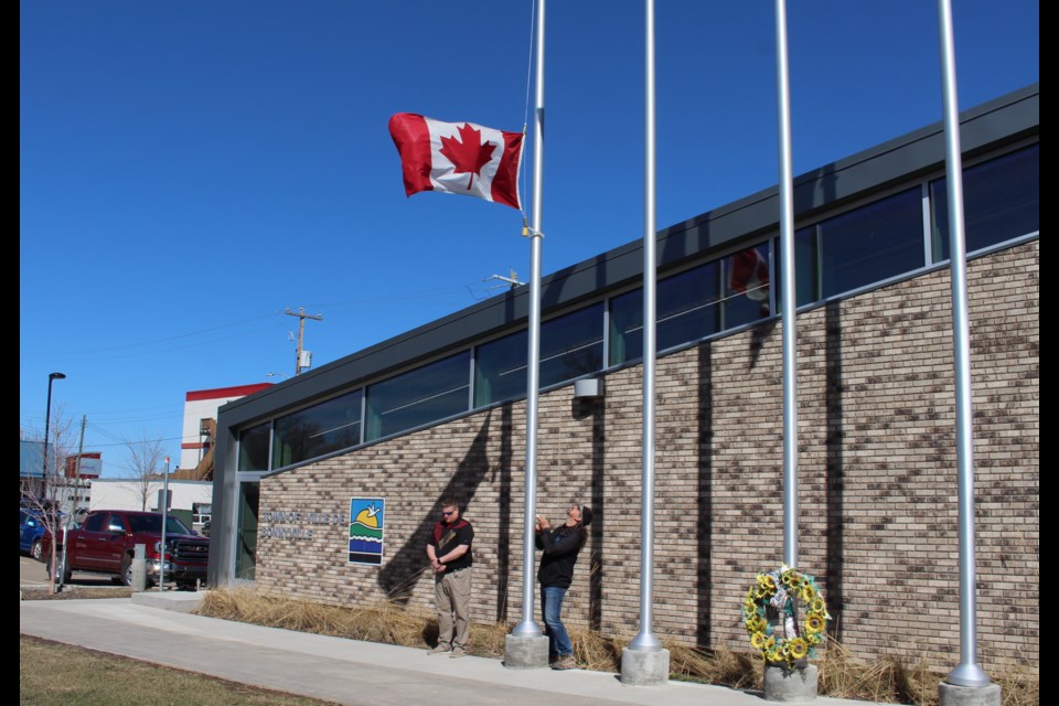 Town of Bonnyville lowers the Canadian flag to mark National Day of Mourning for all workers who have been killed, injured or disabled at their place of work on April 28, 2023.