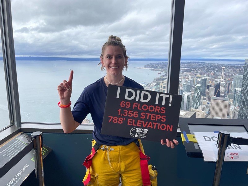 On March 13, four firefighters from the Bonnyville Regional Fire Authority headed south of the border to take part in the 31st annual Leukemia and Lymphoma Society Firefighter Stairclimb at the Columbia Centre in downtown Seattle. Pictured is Avery Lachambre after she completed the climb.