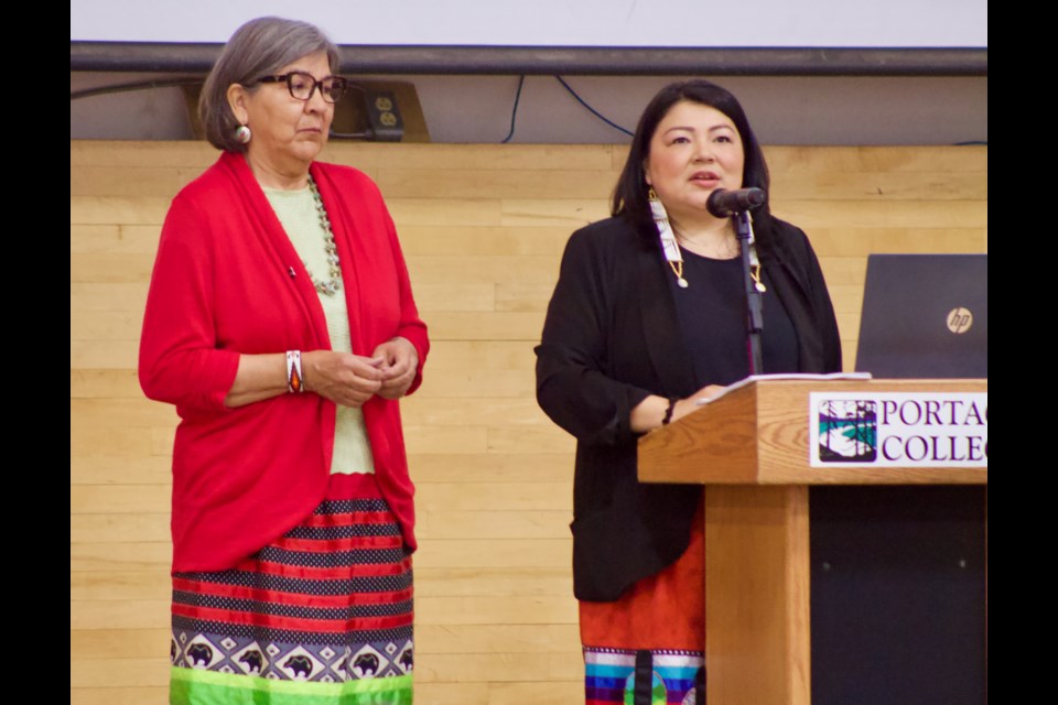Dr. Patricia Makokis( left) and her daughter, Janice Makokis spoke about the historical challenges of colonization, assimilation and the impacts it has had on the MMIWG crisis during the conference on May 18 at Portage College.  