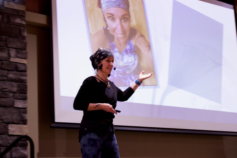 Local fitness instructor Sue Lapierre's managing stress presentation during the Rural Women's Conference on Nov. 17, 2021, at the Bold Center.|Lac La Biche
