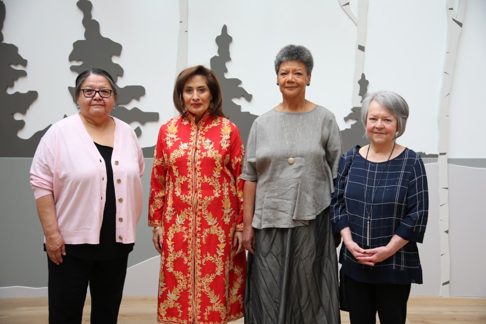 On June 11, the three recipients for the 20201 Distinguished Artist Awards were awarded $30,000 and received a medal for all their decades of contributions to the arts on Saturday. (Left to right) visual artist Faye HeavyShield; Alberta’s Lieutenant Governor Salma Lakhani; filmmaker and writer Cheryl Foggo; dancer and choreographer Vicki Adams Willis.