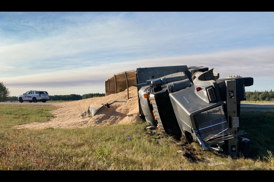 On Twp Rd 661 in the Beaver Lake First Nations area, a semi-truck with an attached trailer of wood chips rolled over rerouting traffic for several hours on Sept. 12.