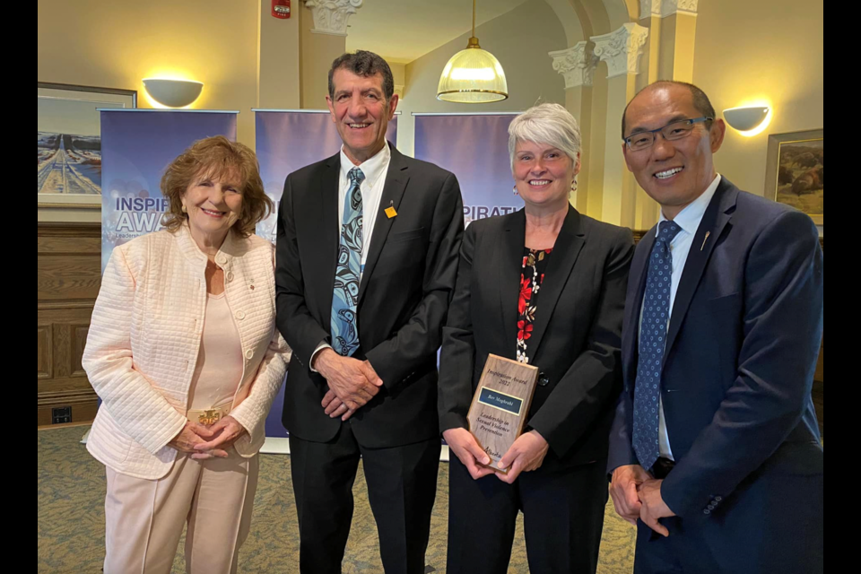 Last month, Bev Moghrabi was a recipient of the provinces annual Inspiration Awards for her contributions in raising awareness and creating programs to support individuals impacted by sexual violence at Portage College.
Pictured left to right: Lois Mitchell
Former Lieutenant Governor of Alberta, Bev's husband Omer Moghrabi, Bev Moghrabi and Jason Luan, the Government of Alberta's Minister of Community and Social Services.