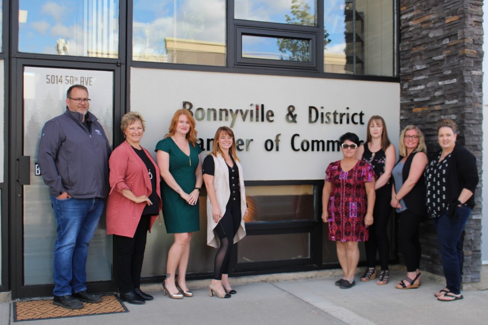 Bonnyville and District Chamber of Commerce staff are excited to welcome the public and their members into the Chamber's brand new location on 50 Ave. in Bonnyville.
Left to right: Director JP Stassen, President Lise Fielding, Executive Director Serina Parsons, Vice President Caitlyn Bush, Director Thea Abdolhady, Project Coordinator Megan Wakefield, Membership Administrator Lindsey McNaught, and Director Jillian Rusnak.