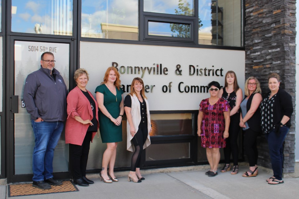 Bonnyville and District Chamber of Commerce staff are excited to welcome the public and their members into the Chamber's brand new location on 50 Ave. in Bonnyville.
Left to right: Director JP Stassen, President Lise Fielding, Executive Director Serina Parsons, Vice President Caitlyn Bush, Director Thea Abdolhady, Project Coordinator Megan Wakefield, Membership Administrator Lindsey McNaught, and Director Jillian Rusnak.