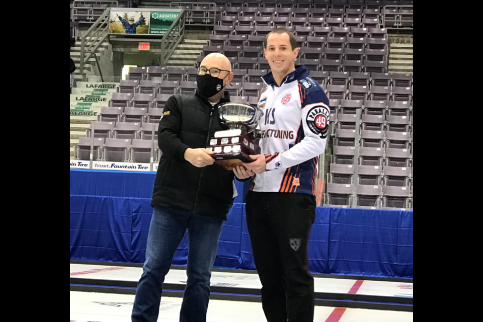 Eric Richard, the lead in Ted Appelman’s curling team, wins the Bo Davidiuk Award at the Alberta Boston Pizza Cup provincial championship in Grande Prairie, Alta., on Jan. 9, 2022.