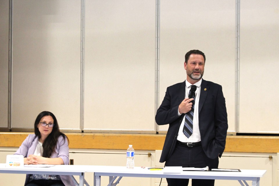 NDP candidate Caitlyn Blake and UCP candidate Scott Cyr took part in an open candidate forum organized by the Bonnyville and District Chamber of Commerce on May 15. Roughly 60 people attended the forum held in the gymnasium of  École Dr. Bernard Brosseau.