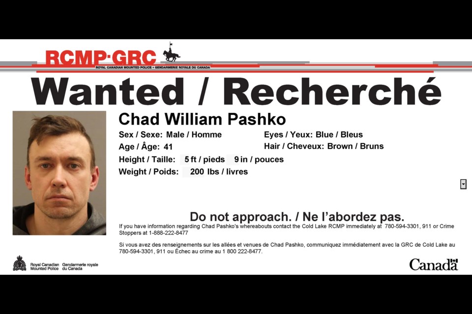 Chad William Pashko, a 41-year-old of Parkland County, is wanted in connection to a shooting that injured one person on April 15, in the area of Cold Lake First Nation.