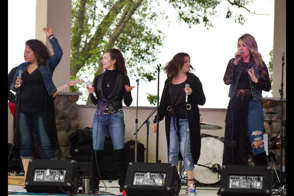 Alberta-based country rock band Dirt Road Angels stole the show on July 30 with their harmonizing vocals and stage presence. The group performed at McArthur Park during the Summer Days celebration.  Pictured (left to right) lead singers Dahlia Wakefield, Danita Lynn, Shila Marie and Karen Claypool