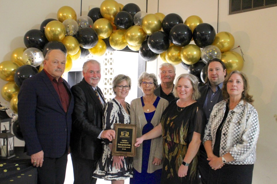 A plaque from the MD of Bonnyville was presented to the Glendon Agricultural Society to commemorate the organizations 50 years of dedication to the community. Pictured from left to right MD of Bonnyville Coun. Mike Krywiak, Glendon Ag Society president Kenneth Pshyk, Shelly Lotsberg (director), Marie Loch (treasurer), Garry Kissel (director), Andrea Wolosiewicz (vice president), Village of Glendon Mayor Nicholas Werstiuk and Olga Oszust (director).