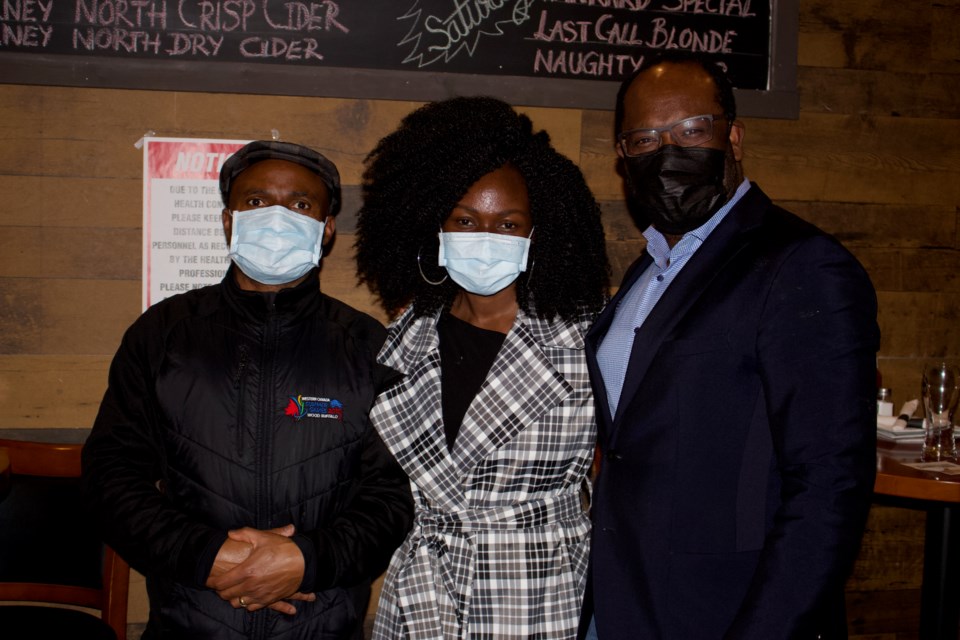 UCP nomination hopeful Joshua Gogo (left), Dango Gogo (center) and Alberta's Justice Minister Kaycee Madu at the Fat Unicorn for a meet-and-greet in Lac La Biche on Nov. 12.