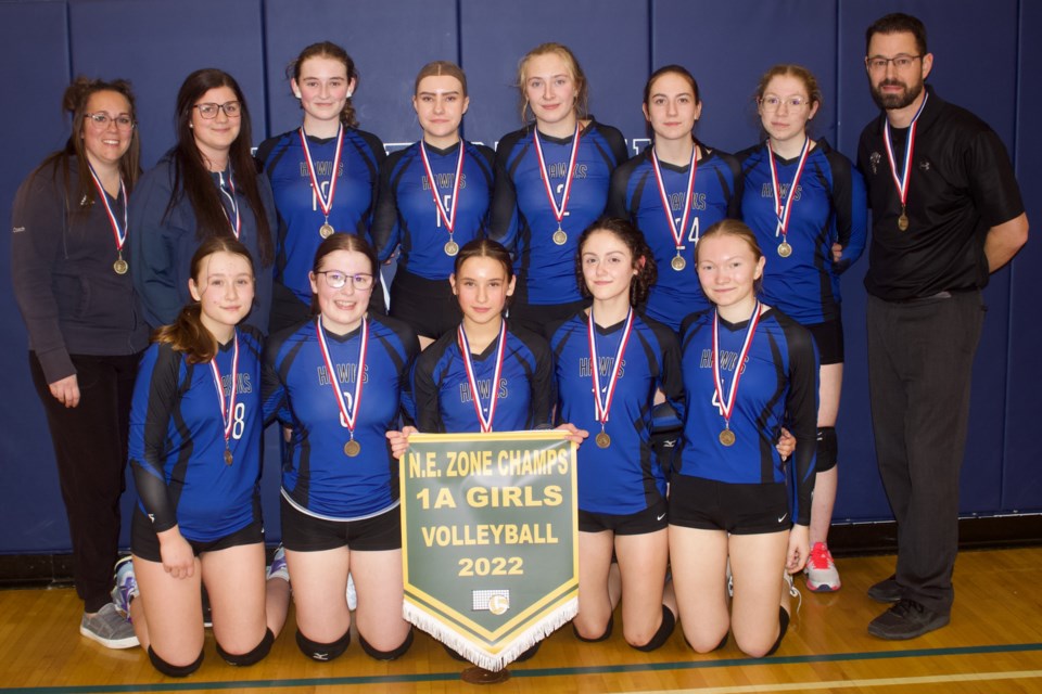 The Plamondon Hawks girls' team racked up an undefeated win on their home court at this year’s Northeast Alberta Schools' Athletic Association (NEASAA) zone championship tournament. Pictured are (Back row, left to right) assistant coach Megan Lewis, assistant coach Taylor Watson, Abby St. Jean, Hina Basargin, captain Alyvia Williams, Teaghan Kanzig, Erin Cyre and Head Coach Steven Reid. (Front row, left to right) Sarah Menard, Carleigh Reid, Cristina Alagoz, Rylynn Campbell and Kira Reutov.