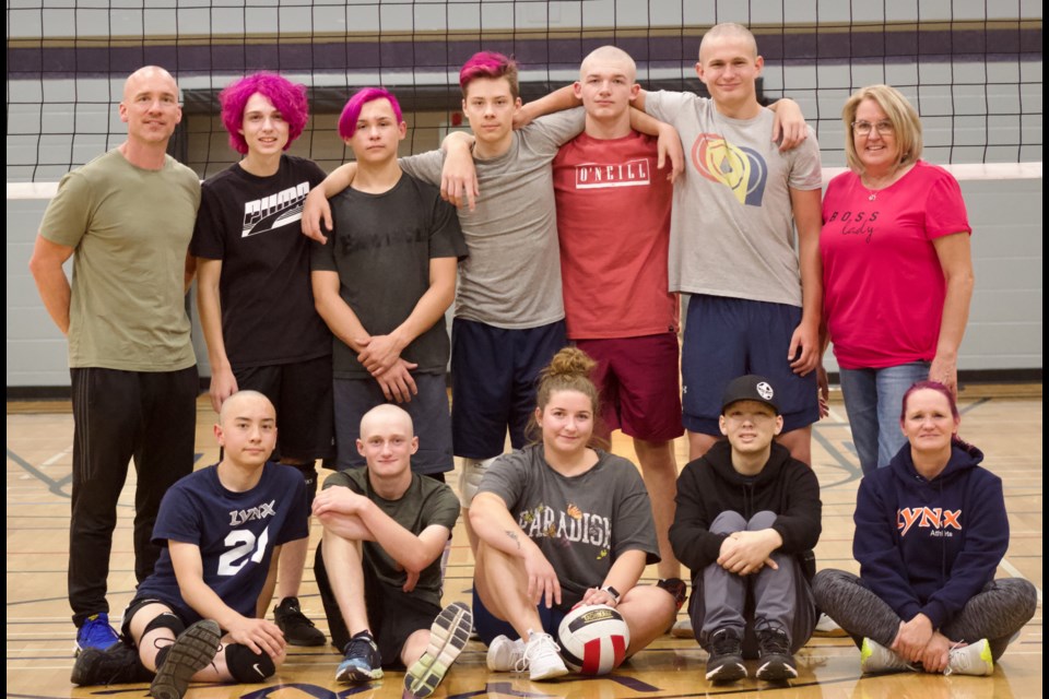Staff and students at École Beauséjour are aiming to raise $5,000 during the volleyball season to support teammate Lucius Plamondon, who was diagnosed with cancer over the summer. The proceeds will be donated to the Kids with Cancer society. Back row (left to right) is Darcy Plamondon, Seth Plamondon, Tyson Chamzuk, Nikita Shevchenko, Drayton Romanyshyn, Maxim Lord, Deborah Gauthier. Front row (left to right) is Aymeric Plamondon, Finley Doody, Shyanne Gauthier, Lucius Plamondon, and Sara Doody. 