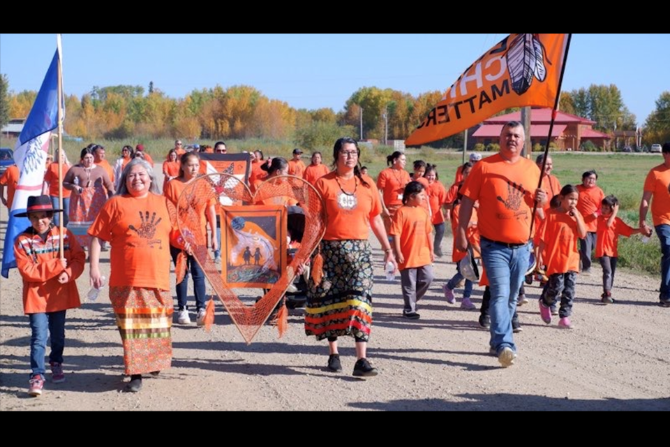 Participants gathered for a ceremonial walk and events in Heart Lake First Nation for Orange Shirt Day. The National Truth and Reconciliation awareness day was observed early on Sept. 28, 2022 in the community located 70 km north of Lac La Biche.