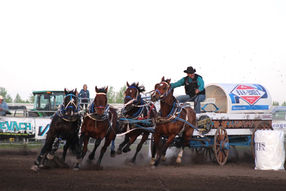 Local chuckwagon driver Doug Irvine, competing under the B&R Eckel's tarp, raced into 10th place overall at the Bonnyville Rodeo. His best time of the weekend was 1:18.28 on Friday evening for the second fastest time of the night. 