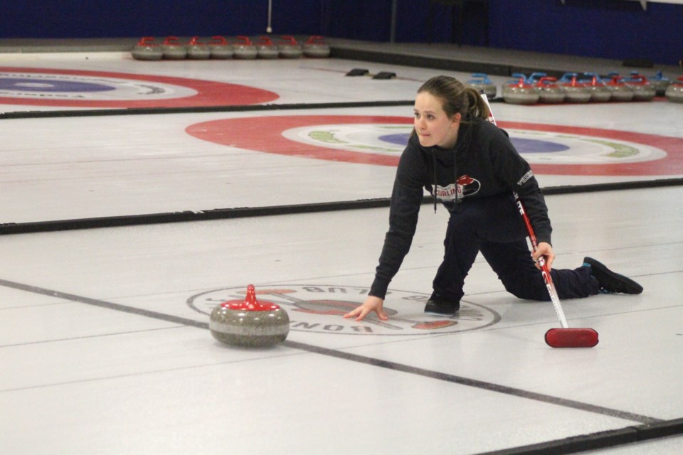 Réalle Vallee takes part in the drop-in league hosted by the Bonnyville Curling Club on Saturday, Jan. 28.