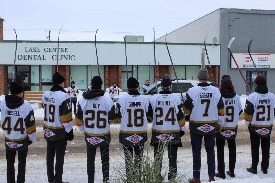 The Pontiacs tapped their sticks as Victor Ringuette procession left the church and headed down Main Street to carry out ‘one last check’ at the B&R Eckel's yard.
