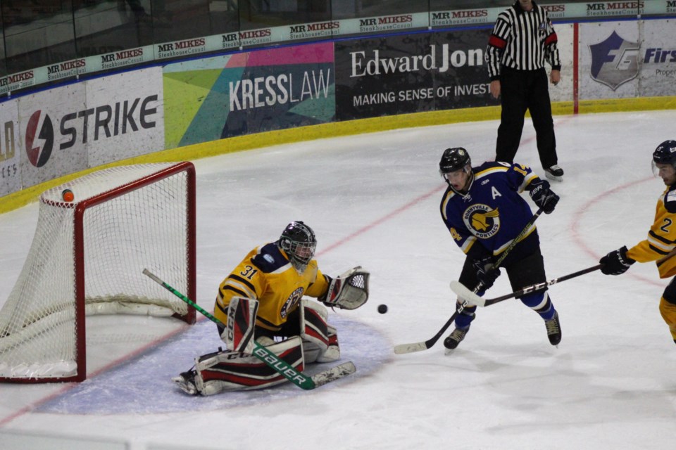 The Bonnyville Senior Pontiacs take on the Red Deer Rustlers at their 2022 Home Opener on Oct. 16. The home team fielded a disappointing 8-1 loss.