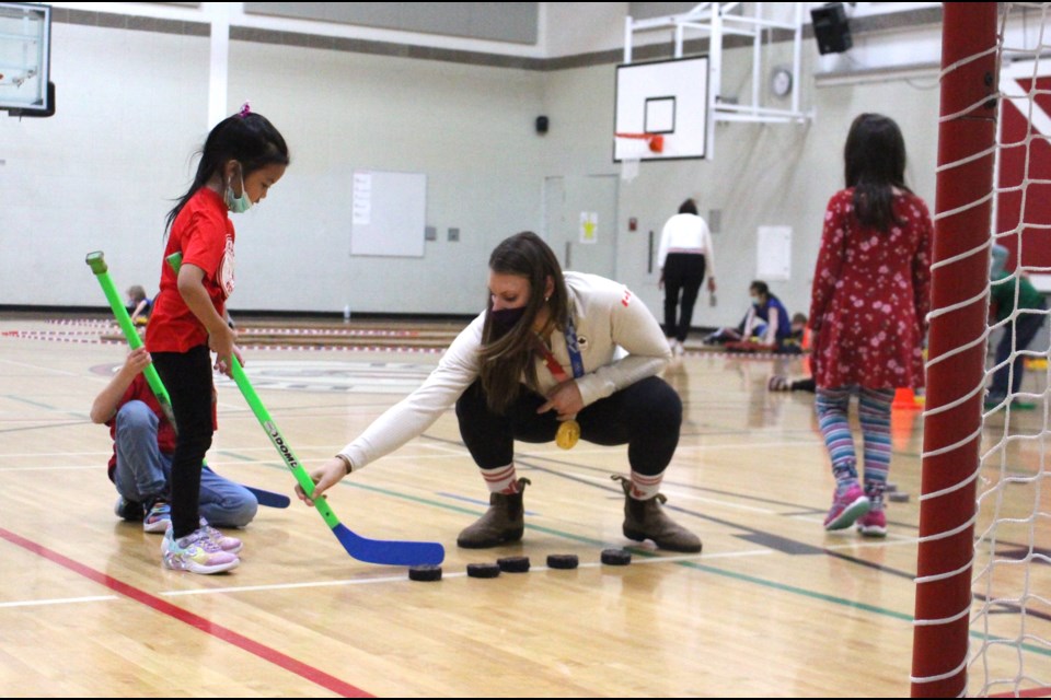 Olympic rower and gold medallist Kasia Gruchalla-Wesierski stopped by Duclos School on Feb. 8, to speak with elementary students and take part in the school's Olympic style obstacle course.