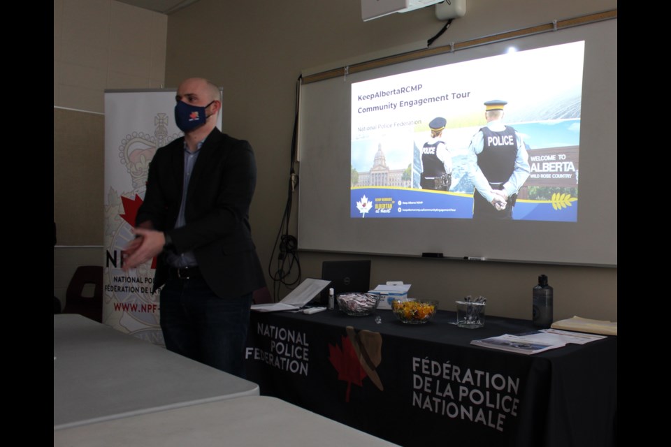 Kenneth Boddy, the government relations coordinator for the National Police Federation, outlined what the "Keep Alberta RCMP" community engagement session would entail and introduced former RCMP members and presenters Jeff McGowan and Kevin Halwa. This presentation came after the Government of Alberta released a study in November exploring the possibility of a provincial police service.