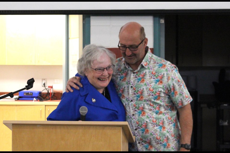 LCSD Board Chair Mary Anne Penner recognizes retiring Assumption Jr/Sr teacher Tim Urlacher with a personalized speech to mark his farewell.