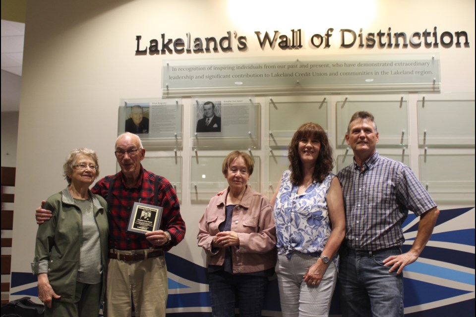The legacy of Josephat Hamel was remembered and honoured with a legacy award plaque added to Lakeland Credit Union's Wall of Distinction on June 1. Hamel family members were present to accept the award on behalf of their late father and pépère was Fleurette Hamel, Joffre Hamel, Janis Hamel, Rachelle Lansky, Greg Hamel (left to right).