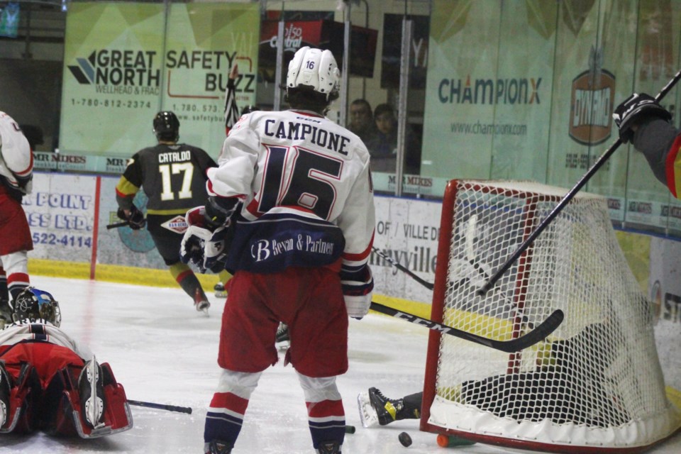 What initially looked like a goal for the Bonnyville Pontiacs was called off after a Yak player found himself at the back of the net.