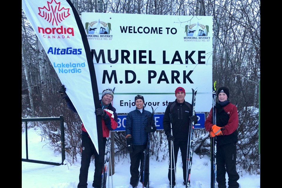 The Lakeland Nordiq Cross Country Ski Team, held their first practice of the season at Muriel Lake MD Park. 
(Left to right) Lakeland Nordiq Team Coach Les Parsons, Kim Rodrigues, Paul St. Amant and Nicholas Agnemark.