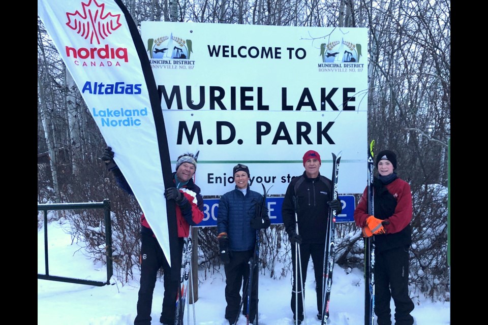 The Lakeland Nordiq Cross Country Ski Team, held their first practice of the season at Muriel Lake MD Park. 
(Left to right) Lakeland Nordiq Team Coach Les Parsons, Kim Rodrigues, Paul St. Amant and Nicholas Agnemark.