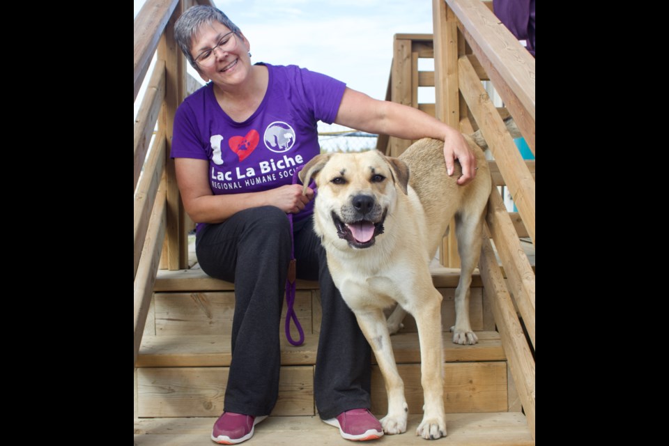 MJ Siebold, the Lac La Biche Regional Humane Society (LLBRHS) chair, is pictured with one the seven dogs in the local shelter looking for a forever home. Chance, a friendly energetic dog, has been at the local shelter for several months now.