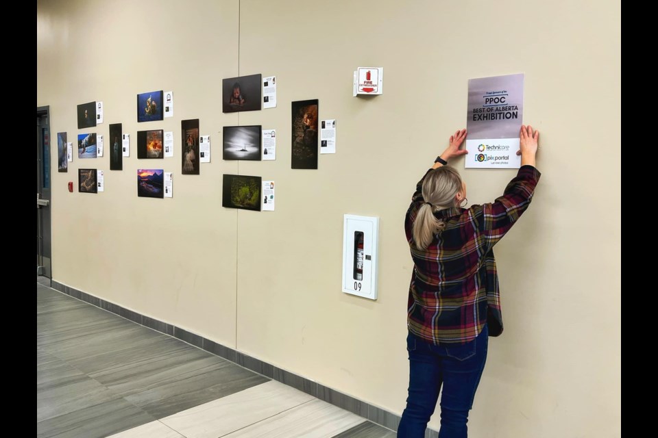 Volunteers place pieces from the Best of Alberta Photography Exhibition along the walls of the Cold Lake Energy Centre.  The free exhibition runs from April 5-30th.