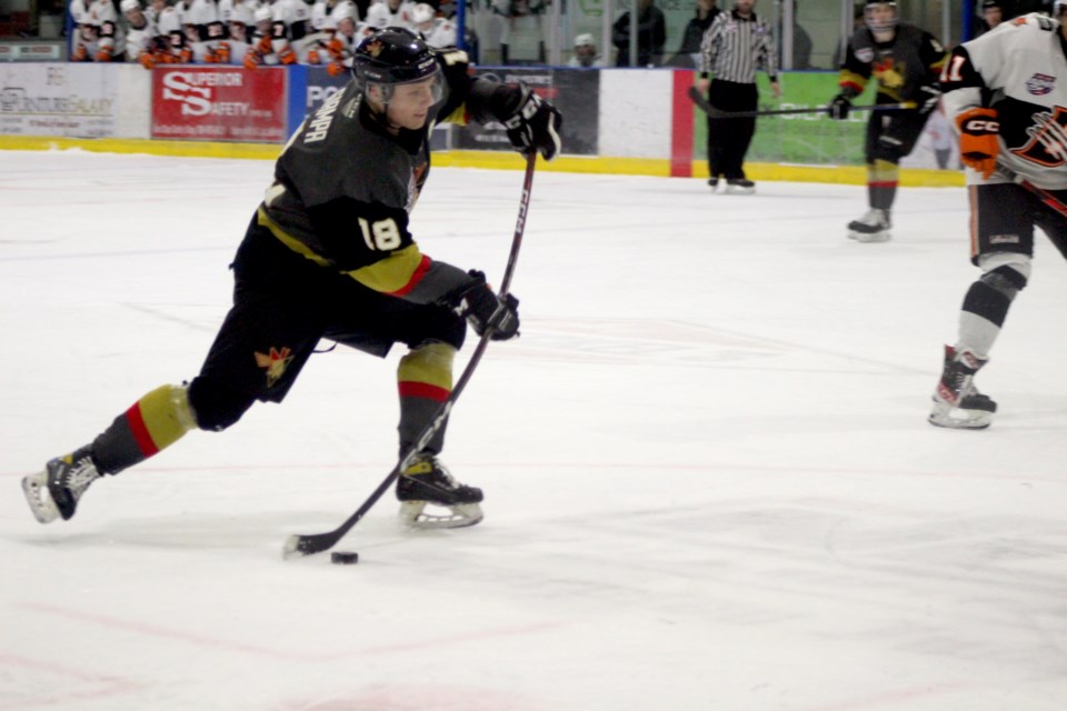 Bonnyville Jr. A Pontiacs #18, Matteo Giampa, takes a shot on the Lloyminster Bobcats net during the first playoff game on March 10 at the RJ Lalonde Arena. The series is split 1-1.