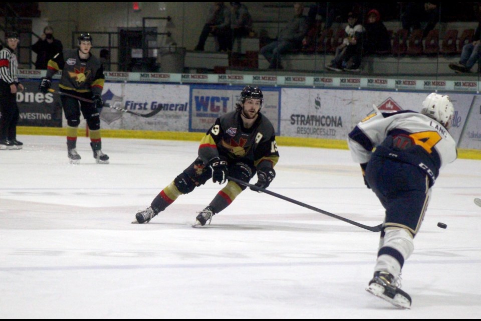 Bonnyville Jr. A Pontiacs go head to head with the Spruce Grove Saints in Game 4 of the North Division Finals in the Alberta Junior Hockey League (AJHL) on April 12 at RJ Lalonde Arena. Jazmin Tremblay photo.