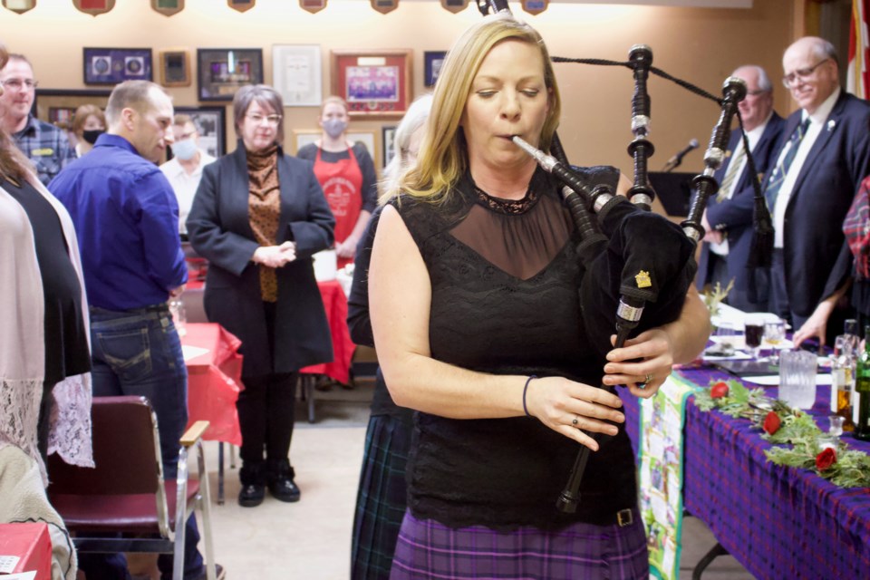 Molly Fyten and the bagpipes at a recent Robbie Burns Night event in Lac La Biche. The popular party is back on January 28. Tickets are $40 and going fast.      File Image
