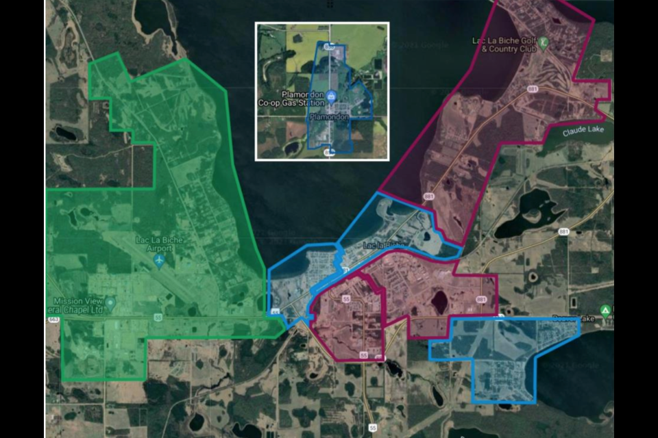 Telus PureFiber project map across Lac La Biche County. The Green area has fiber optic service up and running. Purple areas of the map will have fiber optic services released at the end of November 2021 and blue areas at the end of December 2021.