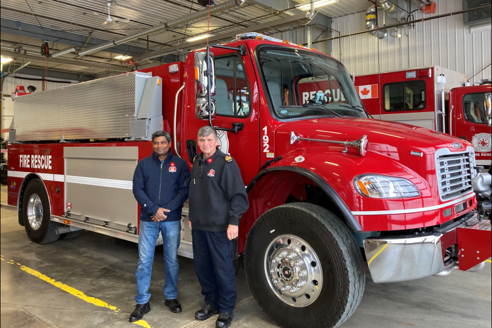 The Lac La Biche County fire department has introduce a new Fort Garry water tenders this fall. In total the department has bought four since 2017 to better serve the community. Pictured are County Coun. John Mondal (left) and John Kokotilo, the County’s manager of protective services and regional Fire Chief.