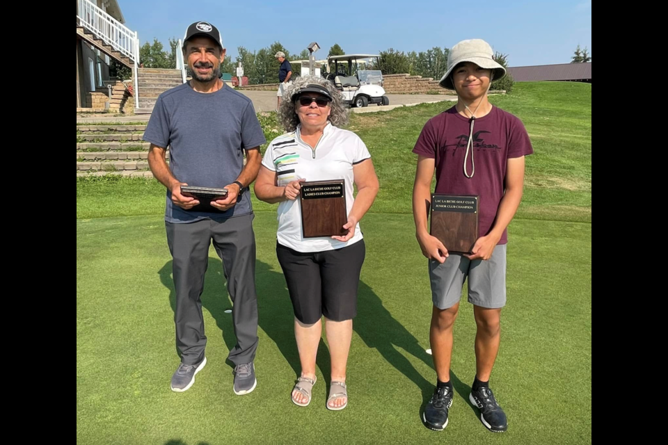 The 2022 Lac La Biche Golf Club Championships were held on Aug. 20 and 21. This year's competition drew 59 participants for a chance to win prizes and join the long list of annual winners.This years winners and pictured are Sammy Abougoush (left) in the senior men’s category,  ladies’ winner Marianne Polzin.Winning and junior winner Harvee Valente. Jamie Schel also took first place in the men’s category.