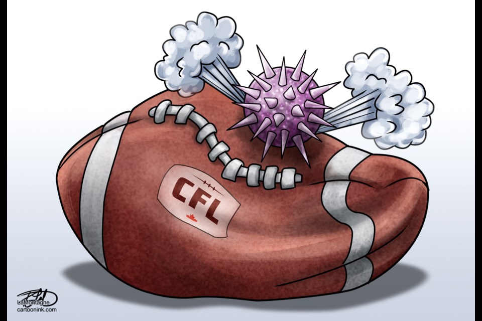 Lakelandtoday.ca cartoonist Patrick LaMontagne was quick to draw up his take on the CFL’s announcement this morning to cancel the 2020 Canadian Football League season.  See RELATED story below