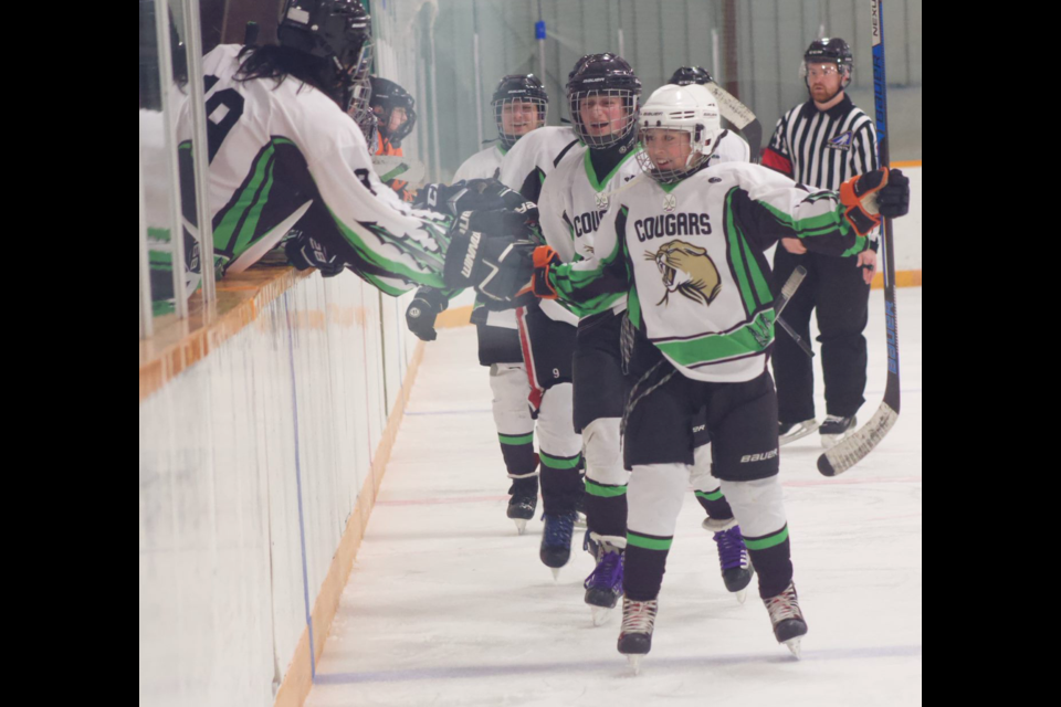 The Cougars celebrate a goal during their 4-2 win in Plamondon on Sunday afternoon