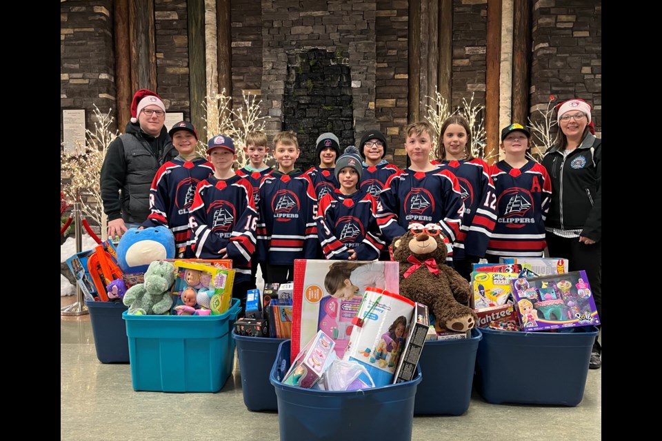 Dozens of gifts and donations were collected during the recent Lac La Biche U-11 Clippers tournament. The collection is going to the  the Lac La Biche Firefighters' Society  Santa's Helpers group.