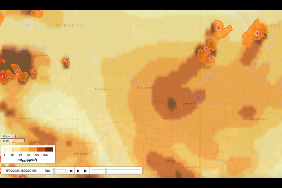 A screen grab from www.firesmoke.ca of the high smoke and haze concentrations over the Lakeland region going through the weekend. The early morning hours of Saturday show levels more than 250 times the benchmark level for air quality.